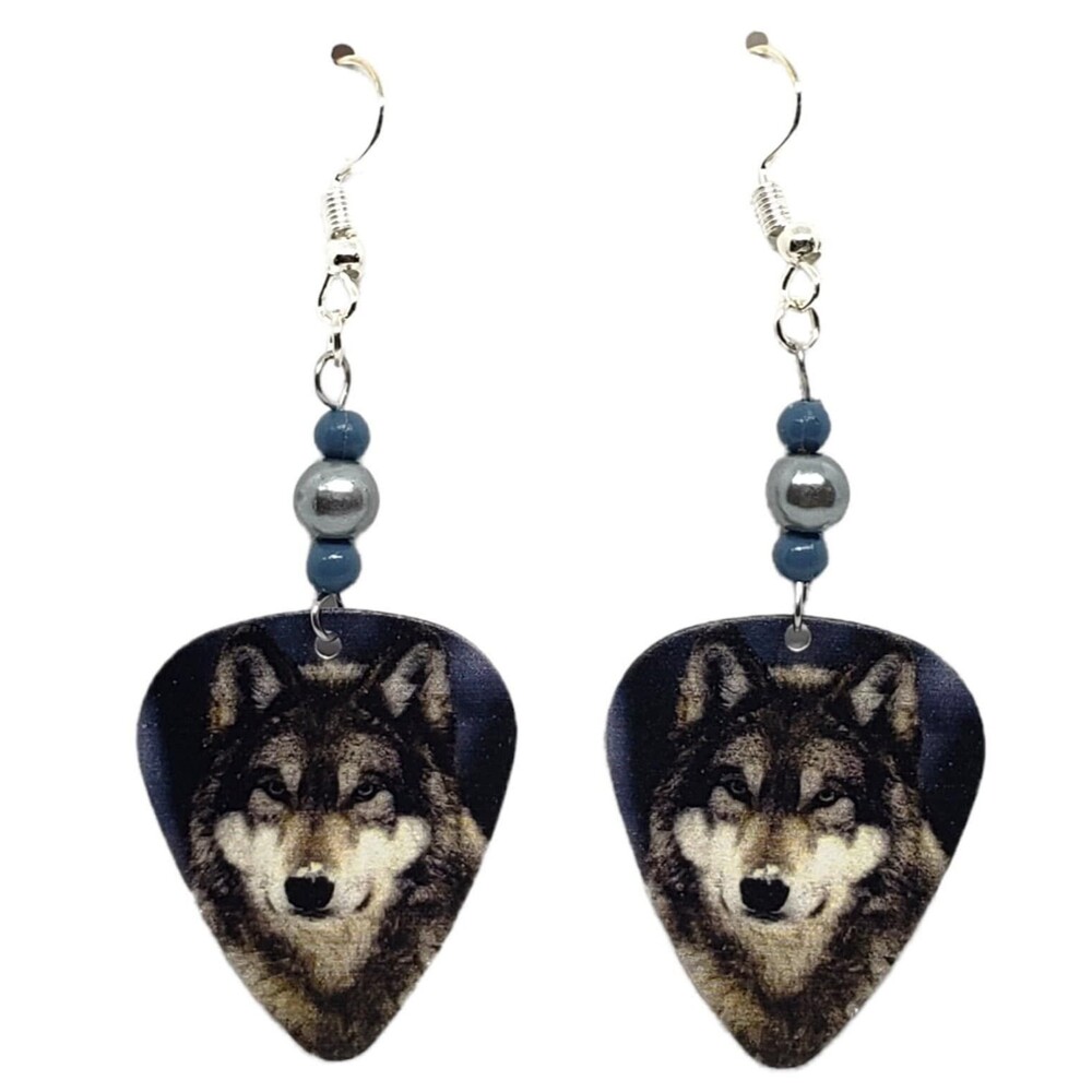 Wolf Face Wolves #K on Guitar Pick Beaded Earrings - Handmade in USA